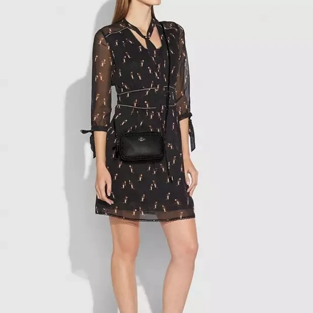 New Coach 1941 Penguin Print Tie Neck Knee Length Black Dress NWT Size 6 US